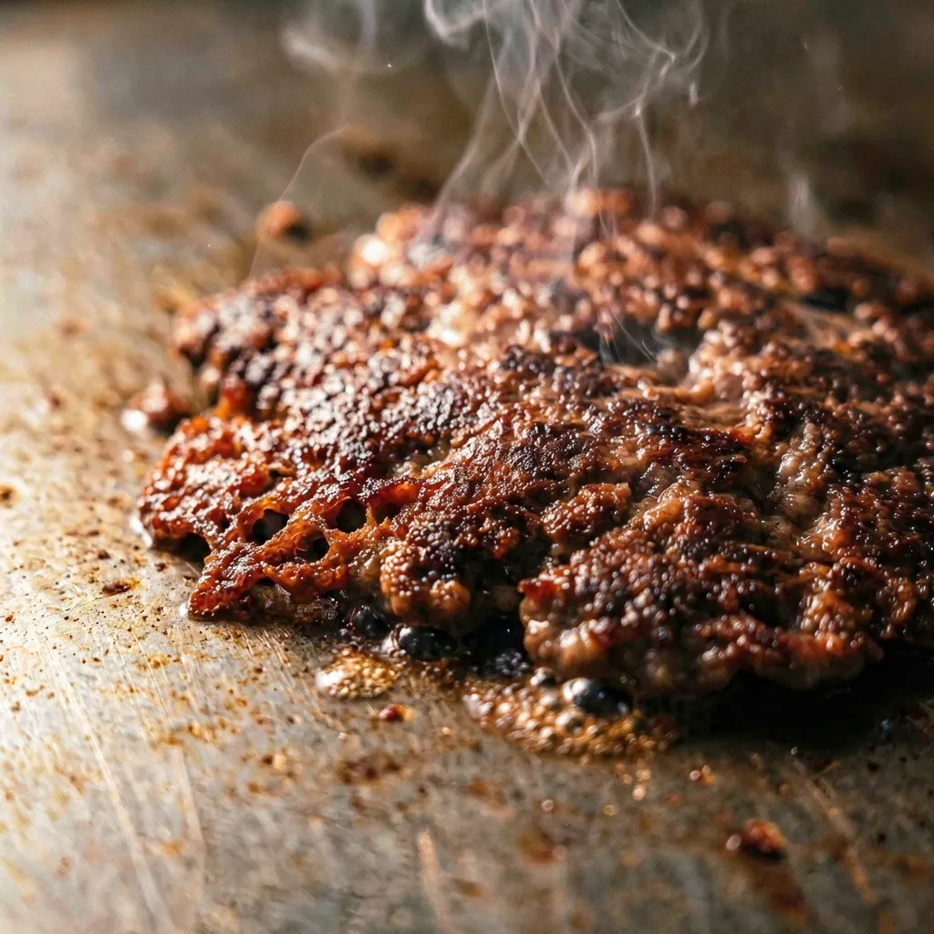 Steak écrasé en train de caraméliser sur une plancha brûlante, bords dentelés et fumée