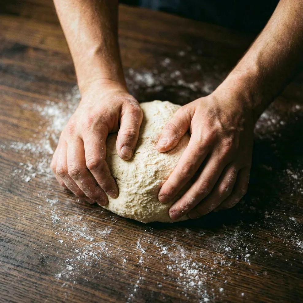 Deux mains farinées façonnant une boule de pâte sur un plan de travail en bois