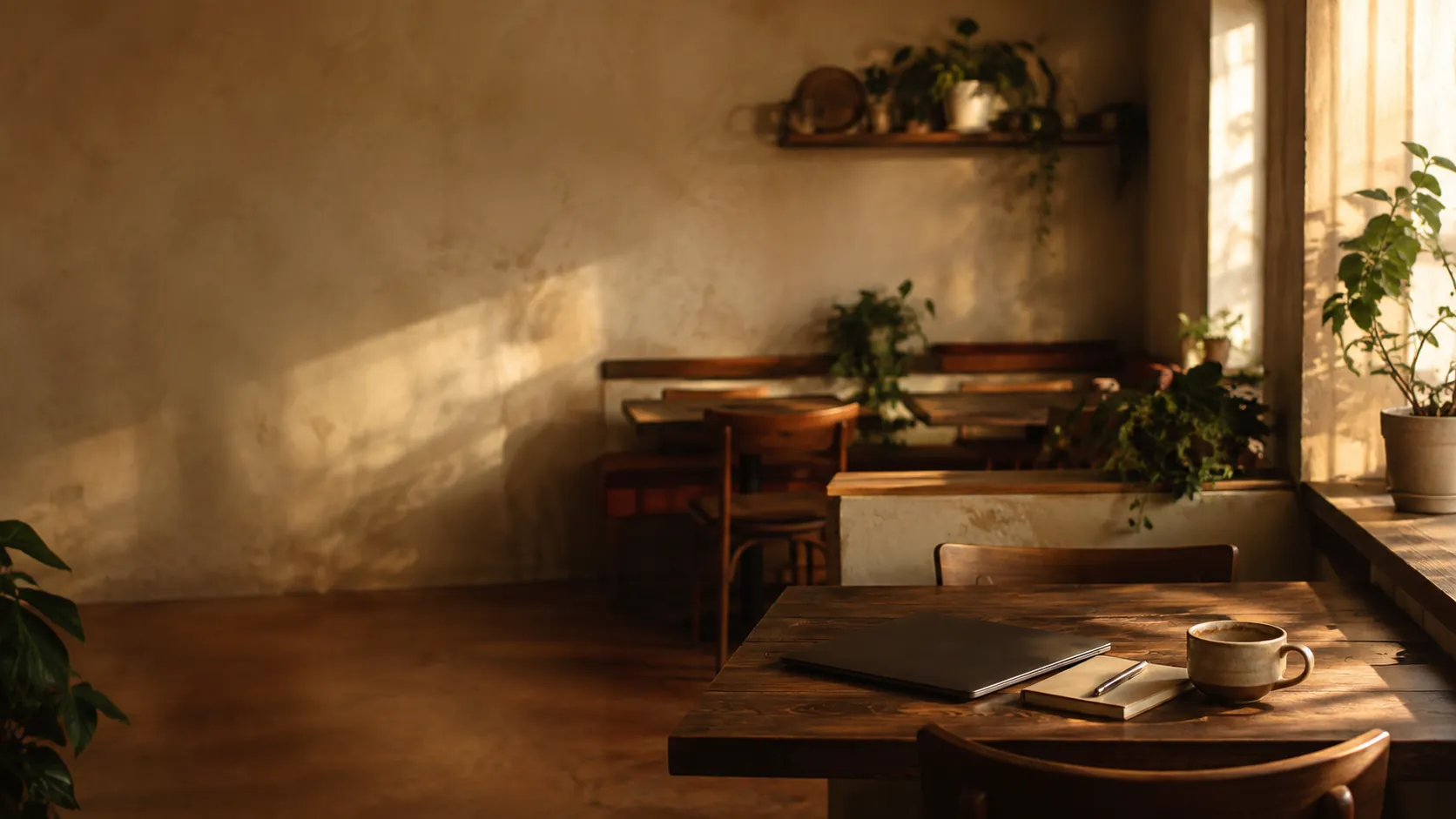 Une table en bois près d'une fenêtre, un ordinateur portable fermé, un carnet et une tasse de café, dans la lumière de fin de journée