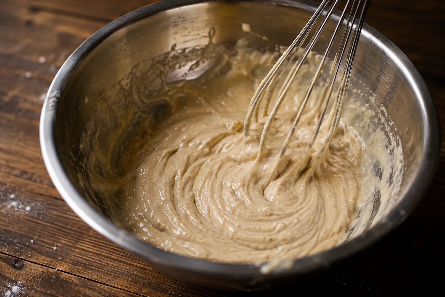 Sauce en cours d'émulsion dans un cul-de-poule, traces laissées par le fouet